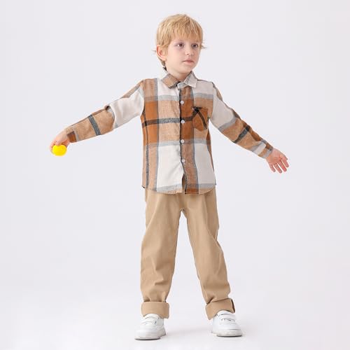 Boys Plaid Button Down Shirts Toddler Long Sleeve Collared Tops Kids Spring Clothes Size 3-8T (2 Pack)4
