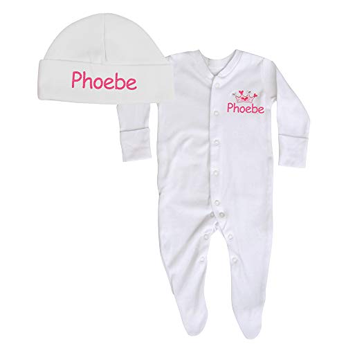TeddyT's Baby Girl's White Personalised Name Sleepsuit & Hat Gift Set (0-3 Months, Sleepsuit & Hat)