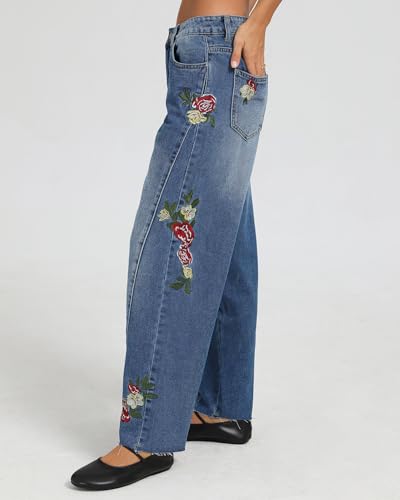 Kedera Mid Rise Barrel Jeans for Women Embroidered Wide Leg Denim Pants Boyfriend Baggy Jeans with Pockets 20253