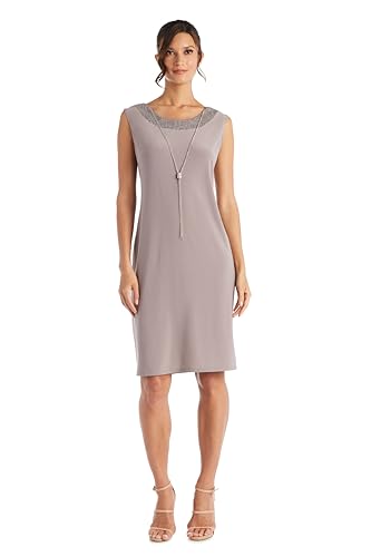 Image of R&M Richards Women's Elegant Metallic Jacquard Knit Jacket Dress | Shimmering 2-Piece Ensemble W /Detachable Necklace