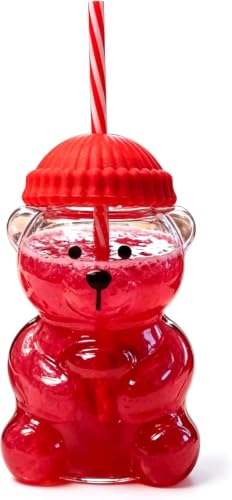 DHVSAM New Black Bear Straw Cup 600ML Cute Bear Glass Tumbler with Reusable Straw - Viral Animal Design for Smoothies, Boba & Iced Coffee (Red, 600 ml, Glass)