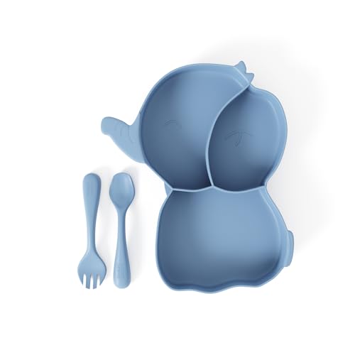 Muqee Peeko Baby Led Weaning Supplies with Toddler Forks and Spoons and Suction Plates for Baby in Blue color Cute Elephant Shape (3 Piece Set) Baby Feeding Essentials