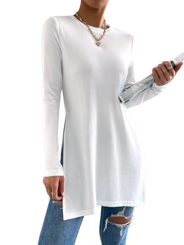 Remidoo Side Slit Tees for Women Long Sleeve T Shirt Crewneck Solid Casual Split Hem Tops