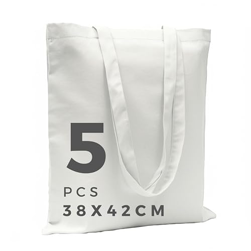 POLHIM Lot de 5 Tote Bag Vierge 100% Coton 145 g/m² (38x42 cm) | Sac en Tissu avec Anses Longues 70 cm | Tote Bag Personnalisable et Réutilisable pour Courses, Peinture et DIY