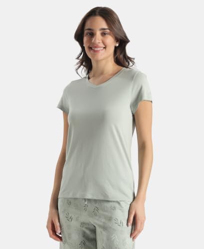Image of Jockey RX12 Women Micro Modal Cotton Solid V Neck Half Sleeve T-Shirt