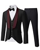 YND Men's 3 Piece Slim Fit Tuxedo Suit Set, One Button Shawl Lapel Solid Blazer, Jacket Vest Pants with Bow Tie, Maroon Collar Black