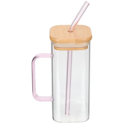 Hemoton Drinking with Bamboo Lid and Set - 13.5Oz(400ml) Square Cup with Handle, Iced Coffee Glasses (Pink)