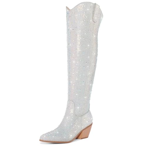 RONILURN Women Rhinestone Over the Knee Cowboy Boots,...