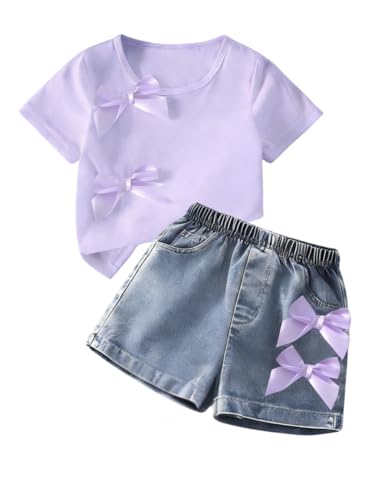 Image of Azmxynol Kid Girls Clothes Outfits Bowknot T-Shirt + 2 In 1 Denim Short Skort Summer Clothing Set, Size 4-10 Years