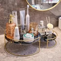 Bathroom Makeup Organizer countertop Storage Rack Round- Luxury Marble Metal Golden. (11.61x11.61x4.92 and 7.87x7.87x2.95, Black Gold)