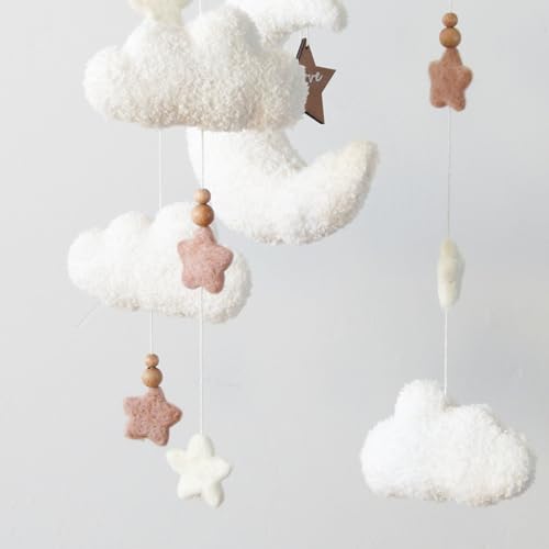Goukurlsma Cloud Moon Crib Mobile Cloud Baby Mobile for Crib Neutral Boho Clouds and Stars Moon Mobile Boucle Mobile, coffee 3