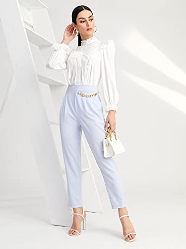 WDIRARA Women's Pleated Ruffle Trim Flounce Long Sleeve Mock Neck Blouse Top White M