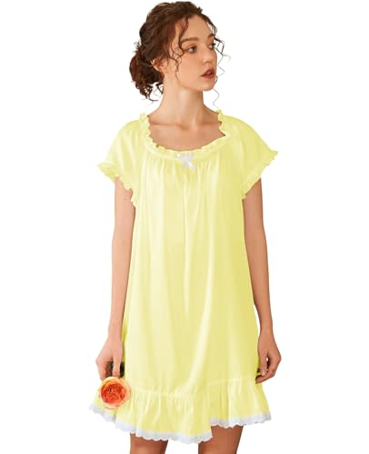 Image of Nanxson Women's Cotton Nightgown Short Sleeve Sleepwear Vintage Nightshirt | Summer Victorian Sleepdress,White Sleepshirt,U Neck Lace Loungewear,Soft Nightshirt,Loose Loungedress,Bride Nightwear