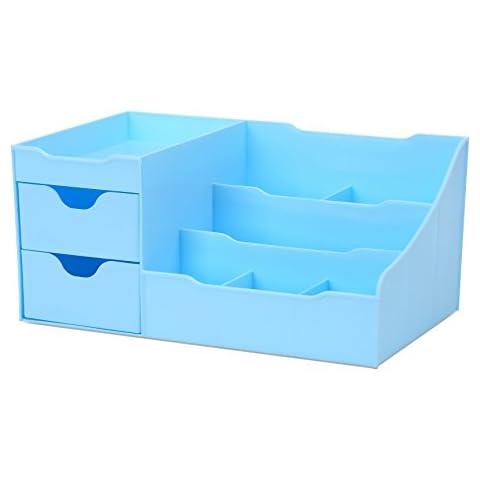 Uncluttered Designs Makeup Organizer With Drawers - Modern Countertop Storage for Cosmetics - Chic Vanity Holder for Cologne, Skincare, Brush, Lipstick, Nail Polish Organization & Display (Blue) Cover