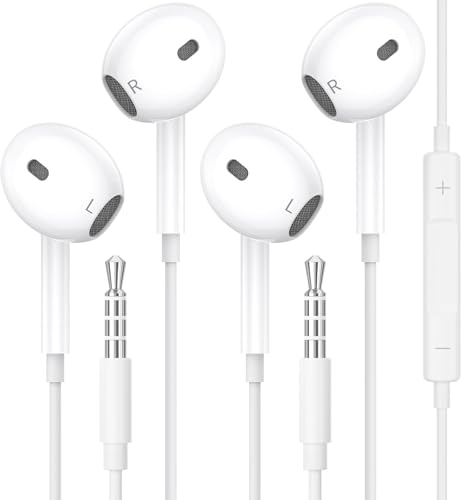 2 Pack Earphones, In-Ear Headphones Wired Earbuds, Half in Ear Earphones 3.5mm Jack, Wired Headphones with Microphone and Volume Control for Phone, Smartphone, MP3, Most 3.5mm Audio Devices