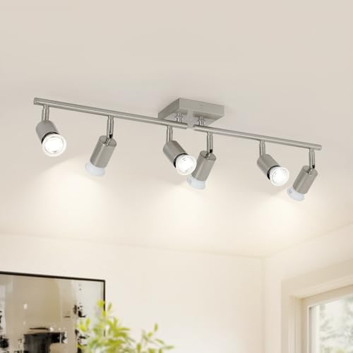 Image of 6-Light Nickel Kitchen Track Lighting, Adjustable GU10 Ceiling Light Fixture with Rotatable Heads, Modern Led Track Light for Kitchen, Dining Room, Hallway (Bulbs Not Included)