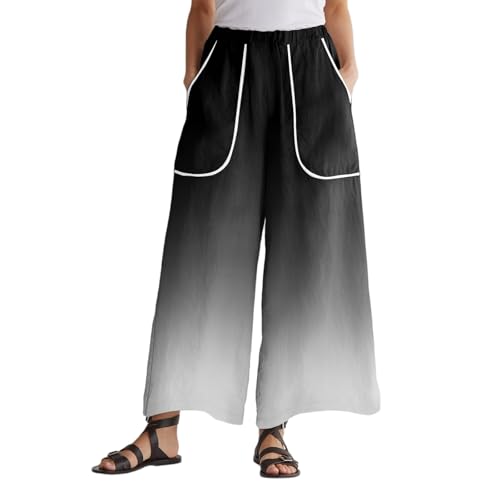 Wide Leg Pants for Women Gradient Elastic High Waist Large Pockets Patchwork Edge Pant Loose Lounge Trousers