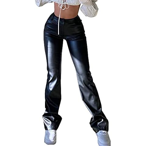 Womens Faux Leather Leggings, Vintage Flared Leather Pants Ladies Leisure Straight Wide Leg Slim Trousers Streetwear Pu Pleather Casual Solid Color Trousers with Pockets Cover