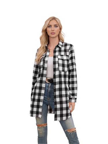 Image of SANGTREE Women and Girls Oversized Flannel Plaid Shirt Mid-Length Casual Button Down Shirt with Pockets