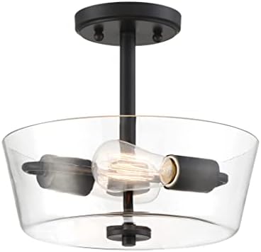 DESIGNERS FOUNTAIN 2-Lights Semi Flush Mount Ceiling Light, 12 Inch Westin Lighting Fixture for Kitchen, Bedroom, Bathroom, and Hallway, Steel and Glass, Matte Black, 95711-MB