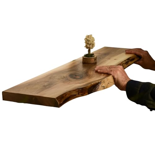 Ahşap Habitat EccaShelf Rustic Live Edge Floating Shelves for Wall, Solid Wood Floating Shelf for Room, Natural Wood Wall Shelves for Bathroom, Floating Real Walnut Wood Shelf (27'' x 8'')