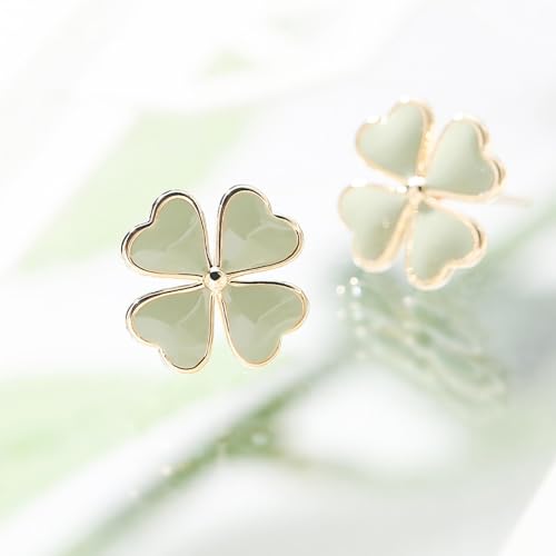 Dainty Four Leaf Clover Small Stud Earrings 925 Sterling Silver Pin Green Enamel Love Heart Good Luck Flower Cartilage Hypoallergenic Piercing Studs Earring Cute St.Patrick's Day Jewelry Gifts3