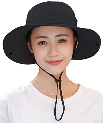 Image of Womens Summer Sun-Hat Outdoor UV Protection Fishing Hat Wide Brim Foldable-Beach-Bucket-Hat with Ponytail-Hole