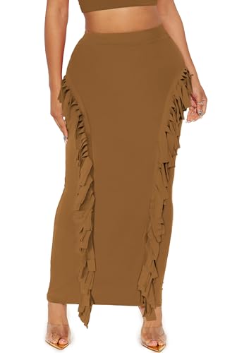 Women's Fringe Skirt Side Tassel Elastic High Waisted Pencil Long Maxi Skirts Bodycon