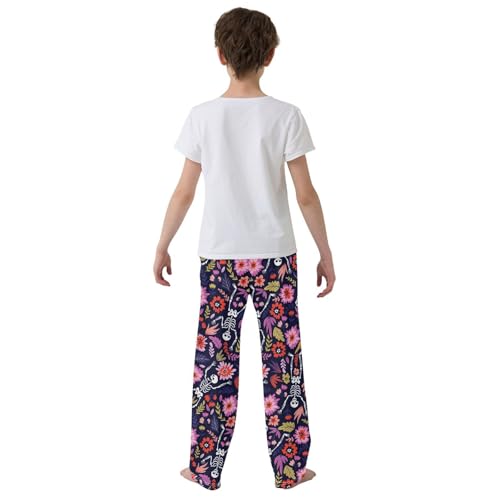 Skeleton Wildflowers Boys Long Pants Soft Trousers Elastic Waist Kids Lounge Bottoms with Pockets S-XL3