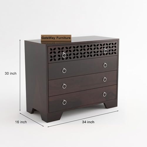 Image of GateWay Furniture Solid Sheesham Wood Wooden Chest of Drawers with 4-Drawer Storage (Asher, Walnut Finish)