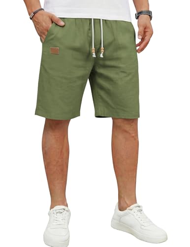 Volemo Short Homme Coton Lin, Bermuda Décontractée d’Été avec Taille Élastique et Cordon de...