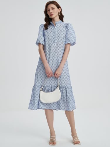 Image of Summer Floral Midi Dress for Women Spring Puff Short Sleeve Button Down Flowy Boho Dresses