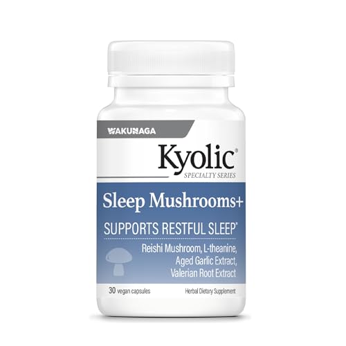 Kyolic Sleep Mushrooms+ - Mushroom & Herbal Dietary Supplement - Supports Restful Sleep & Relaxation* - with Reishi Mushrooms L-Theanine Valerian Root Extract & Aged Garlic Extract - 30 Capsules