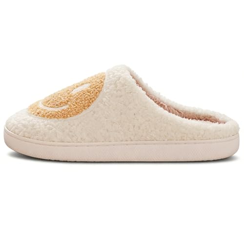 Image of Women's Men's Preppy Happy Face Slippers Comfy Warm Plush Slip-On House Slipper for Winter Indoor Soft Cushion Non-slip Fluffy Slides Slippers