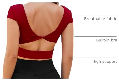 Image of DaiLiWei Open Back Workout Tops for Women Short Sleeve Longline Sports Bras Support Crop Tank Yoga Shirts with Built in Bra