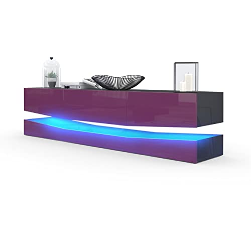 Vladon Buffet Bas City, Meuble TV avec Socle, 1 Compartiment Ouvert et 3 tiroirs, Noir Haute Brillance/Mûre Haute Brillance, éclairage LED Inclus (178 x...