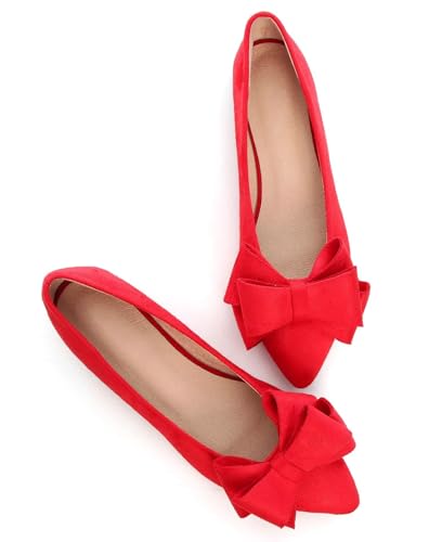 Image of SAILING LU Womens Bowknot Ballet Flats Pointy Toe Suede