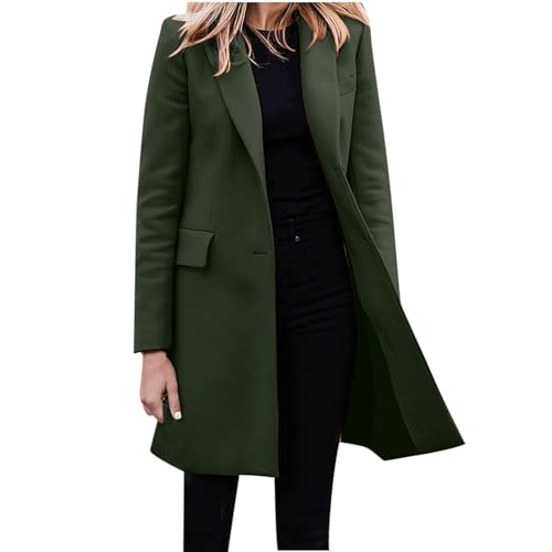 L9WEI - Abrigo de invierno para mujer, elegante, de lana, con solapas, largo medio, chaqueta de entretiempo, moderno, color liso, resistente al viento, Verde militar., 3XL