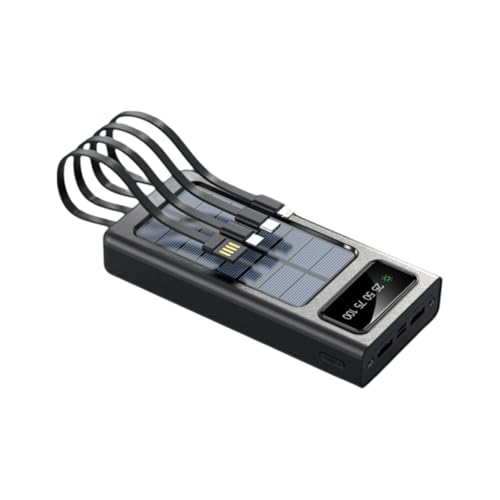 Batteria solare, con cavi integrati, display LCD, ricarica per 5 dispositivi, Nero/Bianco (Nero, Milliampere ore, 30000.0)