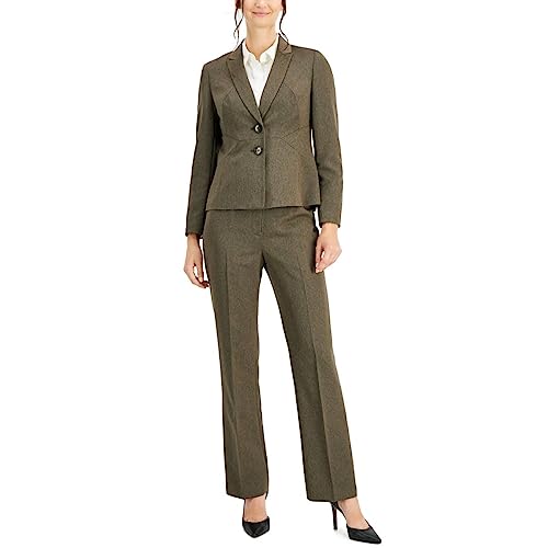 Le Suit Women's Plus Size Melange Herringbone Two Button Jacket With Symmetric Seaming And Kate Pant, Medium Brown Combo, 18W #TOP16