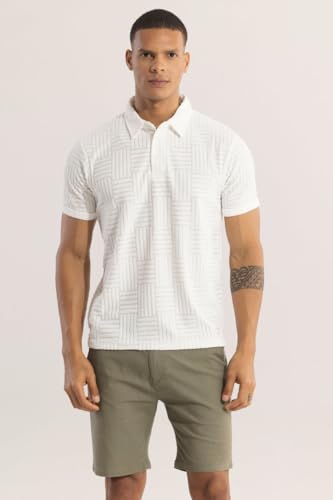 Image of SNITCH Men T-Shirts | Textured Self-Design Slim Fit Polo T-Shirt | 100% Polyester, Buttoned Closure, Half Sleeve, Casual Wear, Street Wear, College Wear
