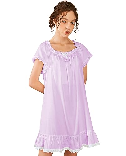 Image of Nanxson Women's Cotton Nightgown Short Sleeve Sleepwear Vintage Nightshirt | Summer Victorian Sleepdress,White Sleepshirt,U Neck Lace Loungewear,Soft Nightshirt,Loose Loungedress,Bride Nightwear