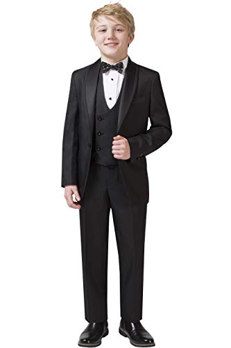 Pierre Cardin Boysâ€™ Classic Fit Tuxedo Set with Jacket, Pants, Vest, Shirt and Bow Tie (14, Solid Black Shawl Lapel)