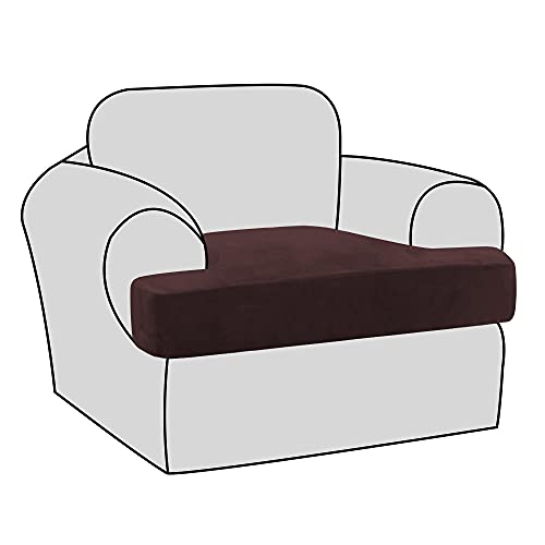 H.VERSAILTEX Stretch Velvet T Cushion Chair Covers for Living Room Armchair Sofa Cover Couch Cover Slipcover T Cushion Seat Cover Stay with Elastic Bands(Armchair, Brown)