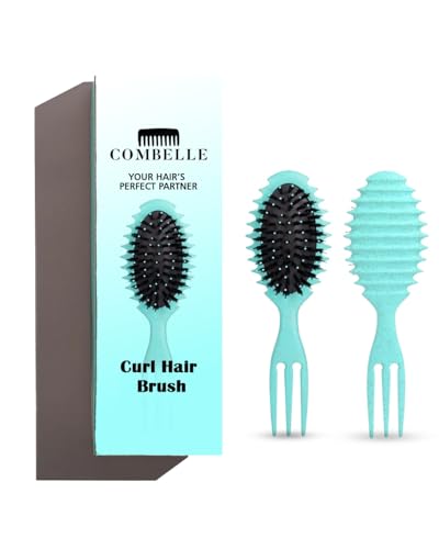 Image of COMBELLE Curl Defining Detangler Brush for Curly Hair - Vegan Fiber & Nylon Bristle Paddle Brush with Comb Handle for Frizz-Free Styling & Scalp Massage