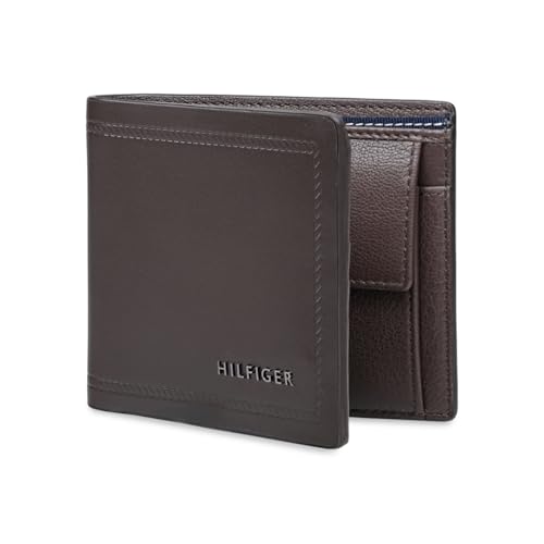 Image of Tommy Hilfiger Men's Leather Wallet Pelotas | Solid Brown Bi-Fold with Global Coin Pocket, 4 Card Slots | Stylish Purse for Gents