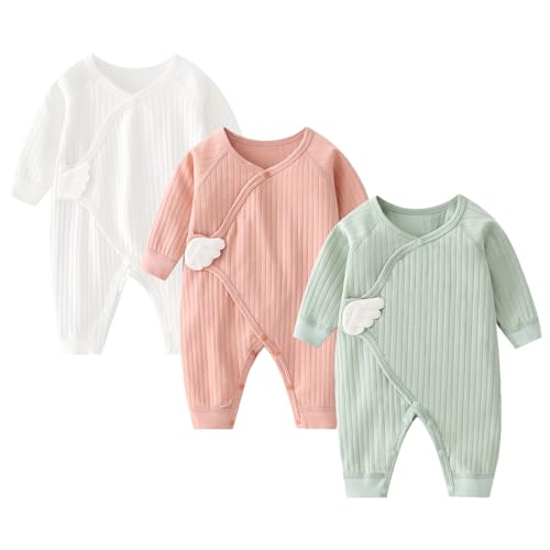 Image of Newborn Baby Romper - Unisex Cotton Bodysuit for Infant Baby Boys Girls 3 Pack Long Sleeve Button Solid Jumpsuits