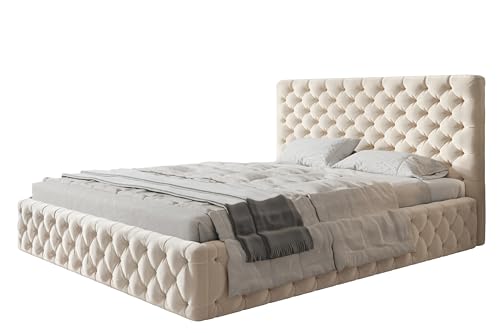 AlpiMeble Bett 120x200 - Polsterbett mit Bettkasten und Holzrahmen - Elegant Betten - Weicher Jasminstoff - Kollektion Miami, Beige