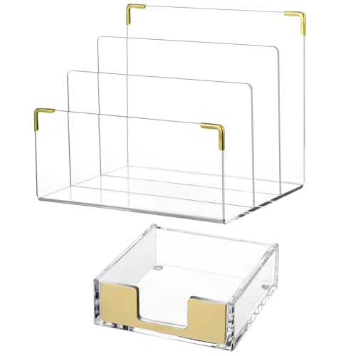 Jaloro 2 Pcs Acrylic File Holder Gold Accents Clear File Organizer Gold Sticky Note Holder Acrylic...