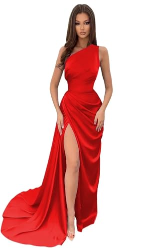One Shoulder Prom Dress 2025 for Women Long Mermaid Satin Formal Dresses with Slit